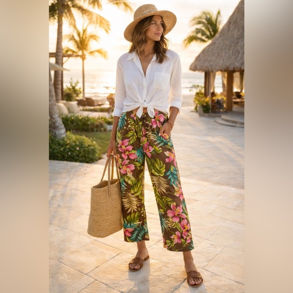 Bamboo Traders Pants - Tropical Silk Resort Pants | Wide Leg Drawstring · Bamboo Traders